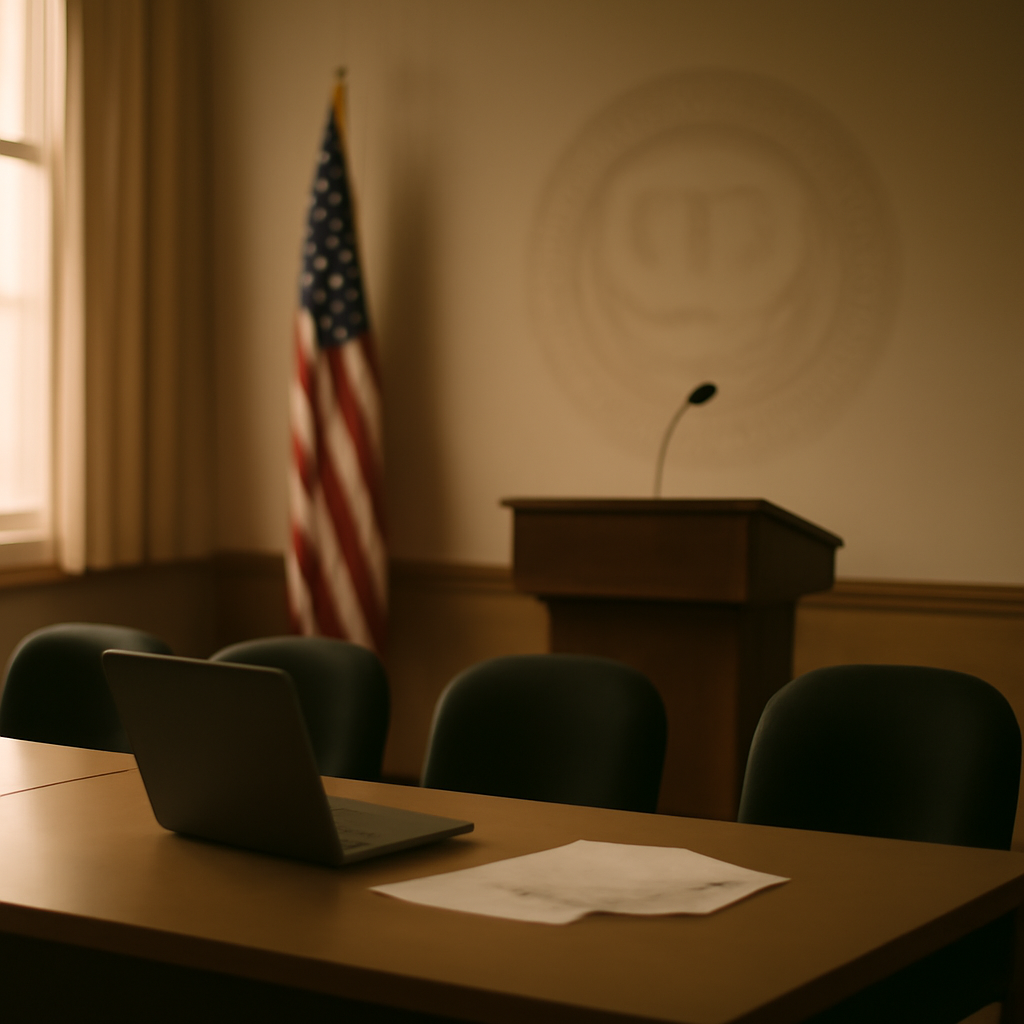 Government agency conference room with podium, laptop, and papers, FTC emblem on wall.