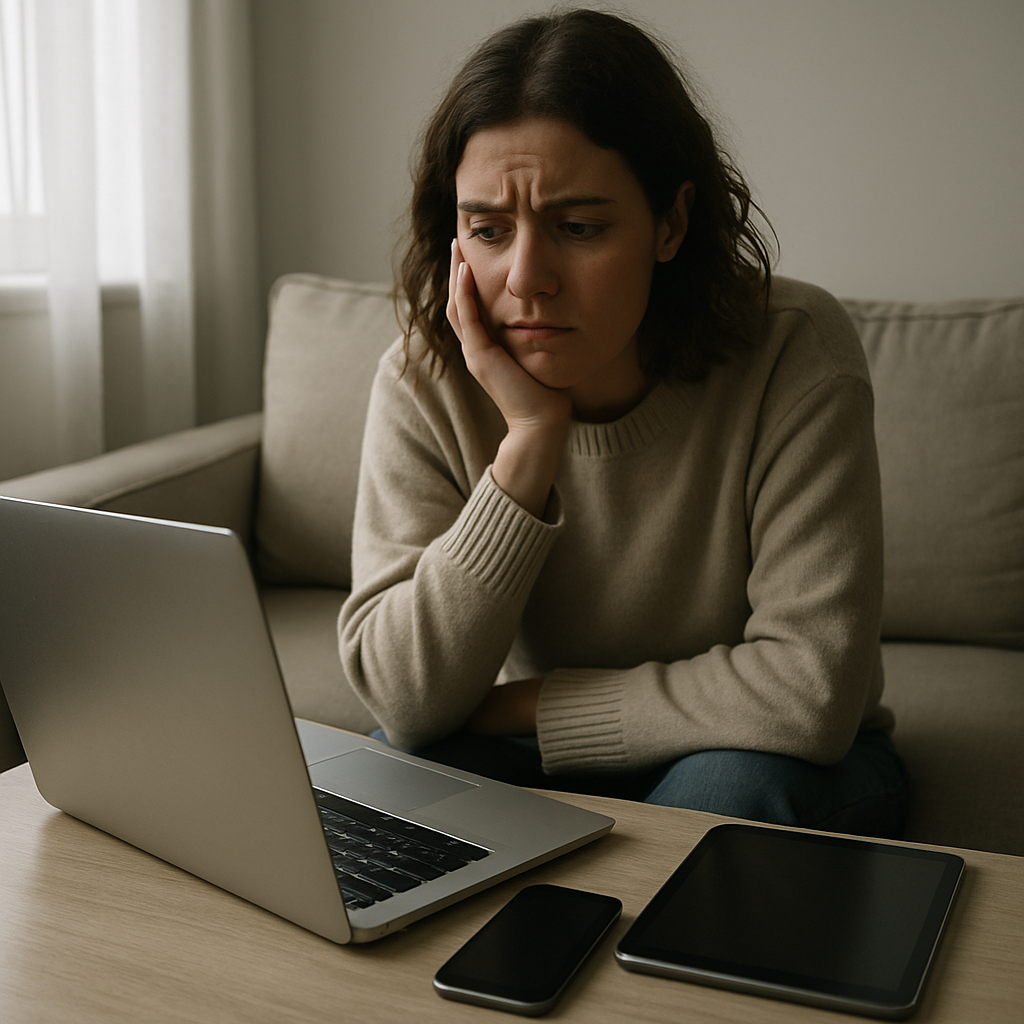 Person looks concerned while surrounded by laptop, smartphone, and tablet in a brightly lit living room.
