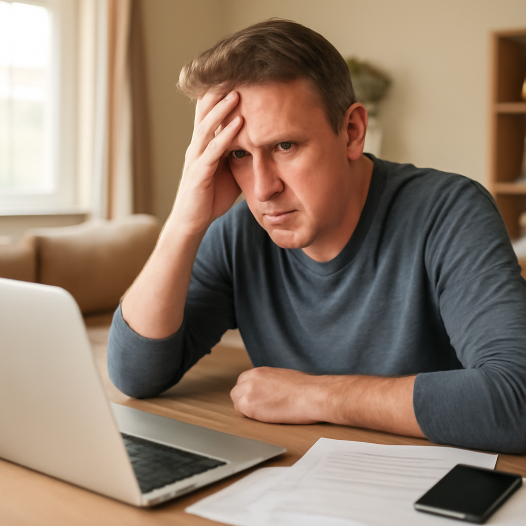 Concerned person sits at desk with laptop and papers, surrounded by signs of a modest home office.