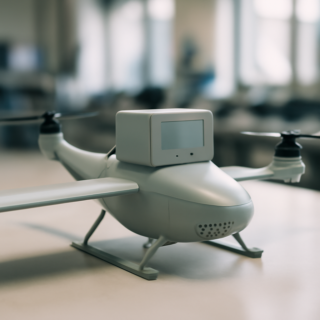 Small drone with sleek design sits on laboratory bench.