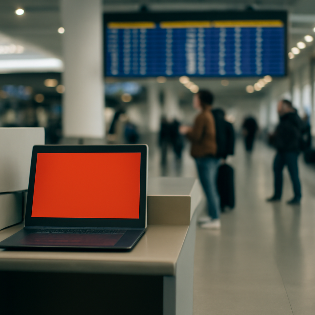 Airport terminal interior with passengers and blurred check-in counter.