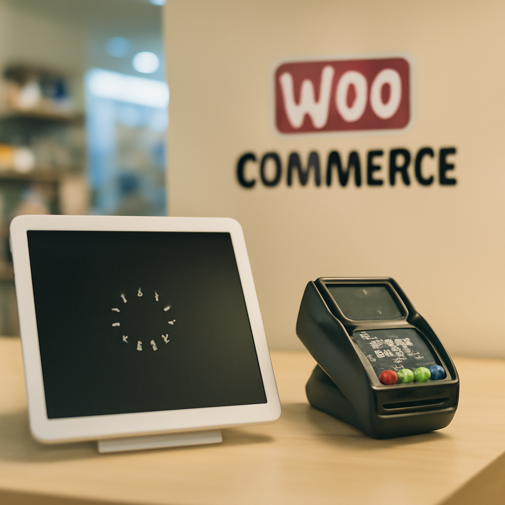 Retail checkout counter with payment terminal and WooCommerce logo, laptop screen blurred with loading animation, hinting…