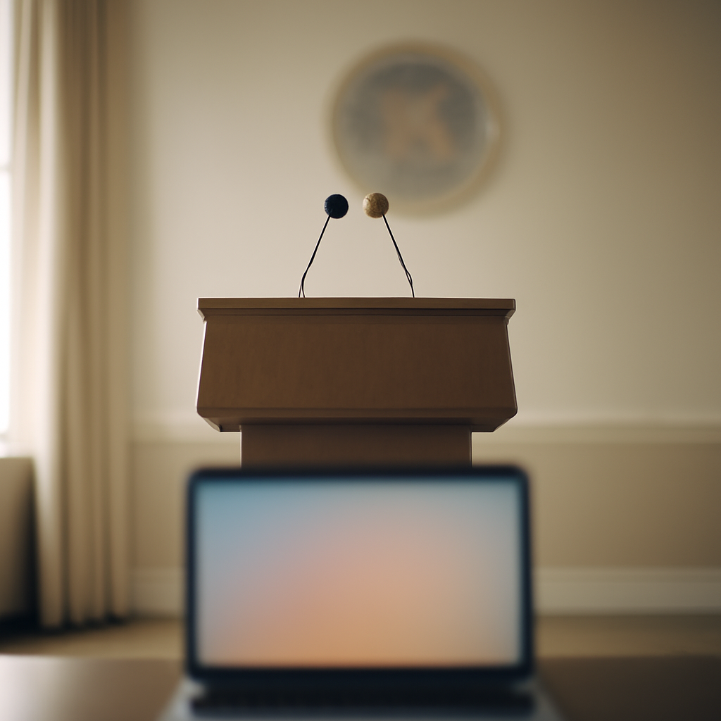 Empty podium in a formal briefing room with a laptop screen in the foreground.