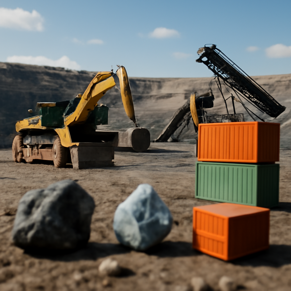Industrial mining equipment in a vast open-pit mine with symbolic mineral samples.