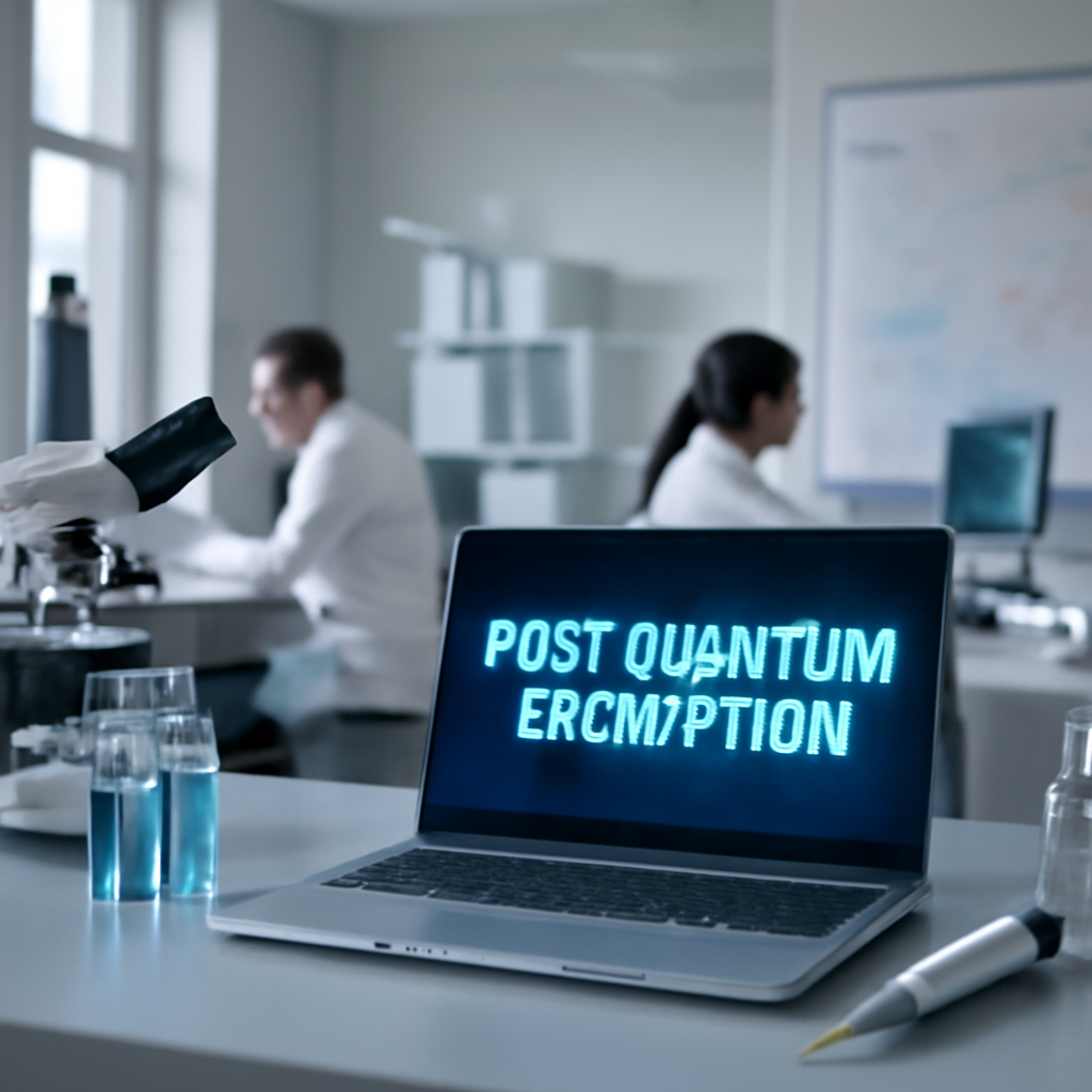 Researchers work at a modern lab with a laptop and scientific instruments.