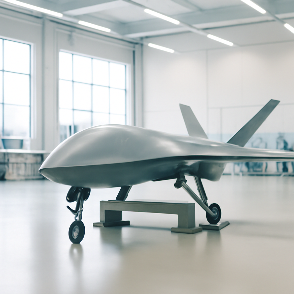 Next-gen uncrewed aircraft on display in a clean-room facility with large windows.