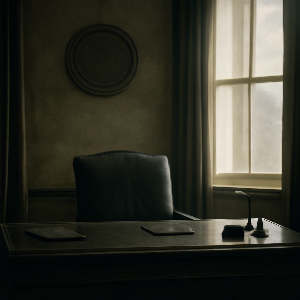 Empty formal desk and chair in government office with daylight from a tall window.