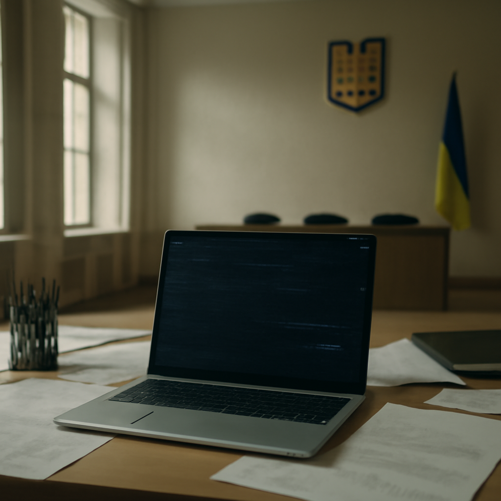 Ukrainian government building interior with a computer workstation and hints of cyberattack disruption.