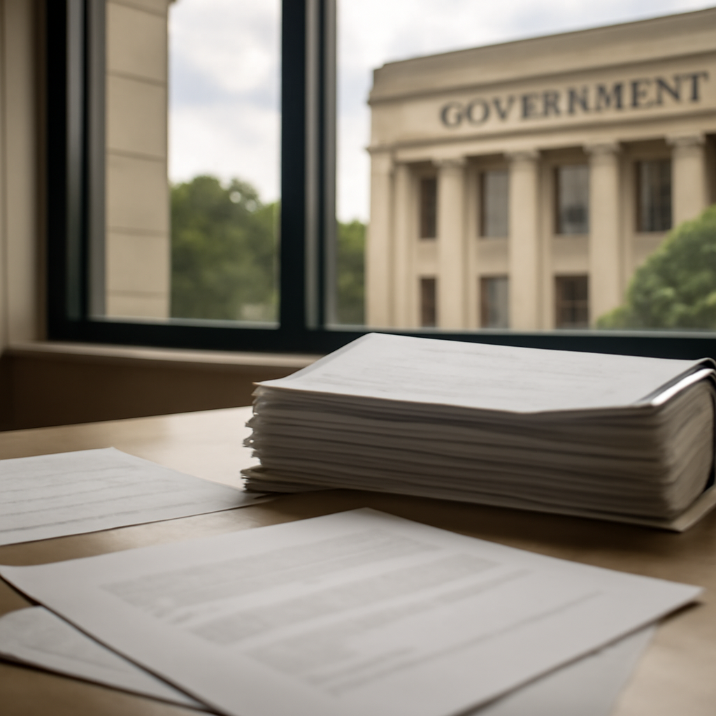 Government building with papers and binder in foreground, hinting at bureaucracy.