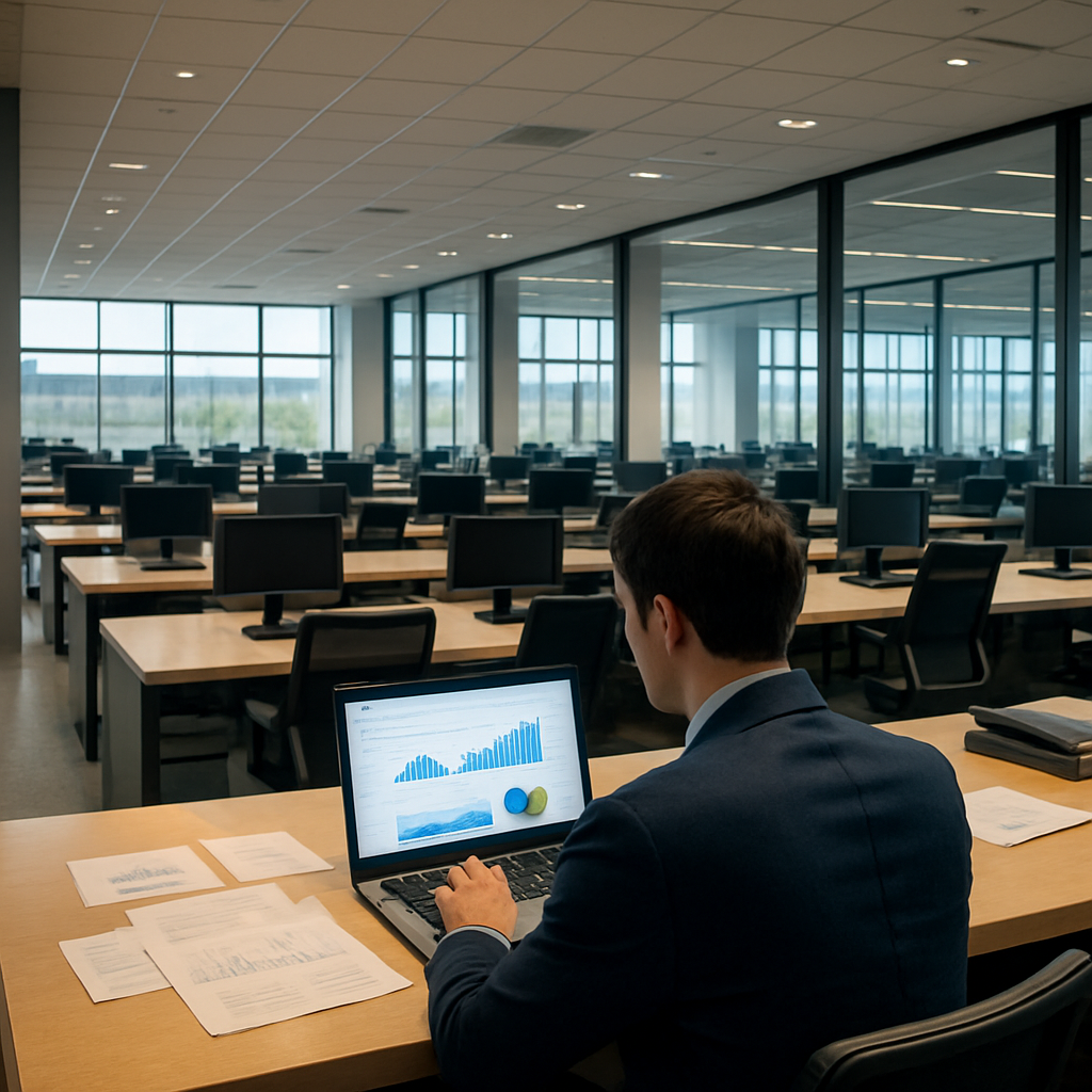 Business professional analyzes data on laptop at modern workstation.