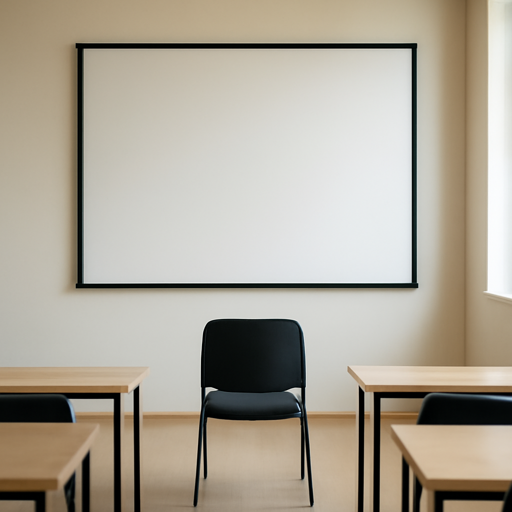 Empty conference room with large screen and single chair facing it.