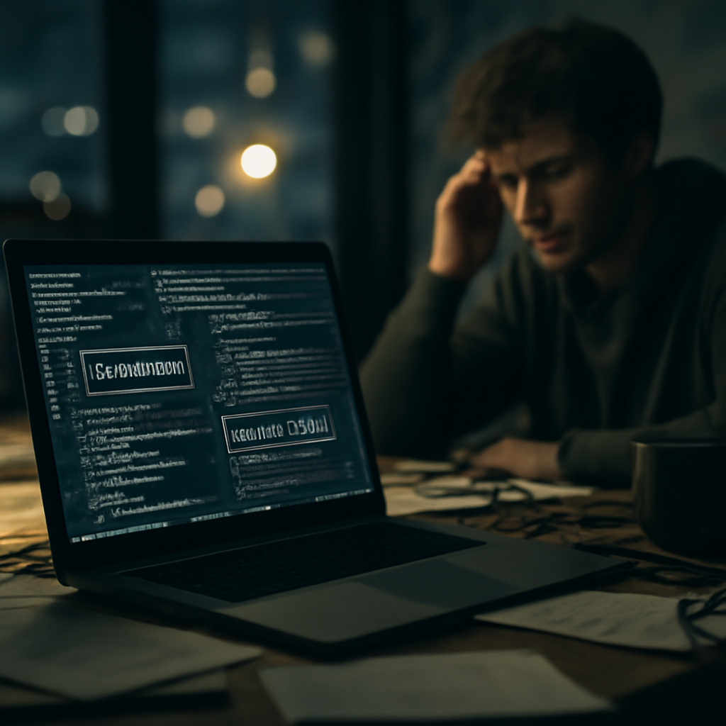 Dimly lit workspace with laptop screen showing system failure messages, surrounded by clutter and blurred office background.