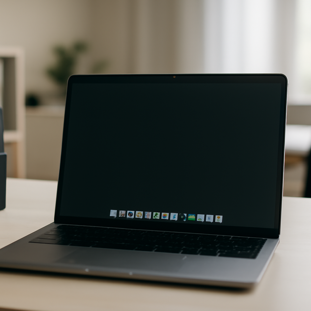macOS laptop on a desk with app icons, screen off or closed.