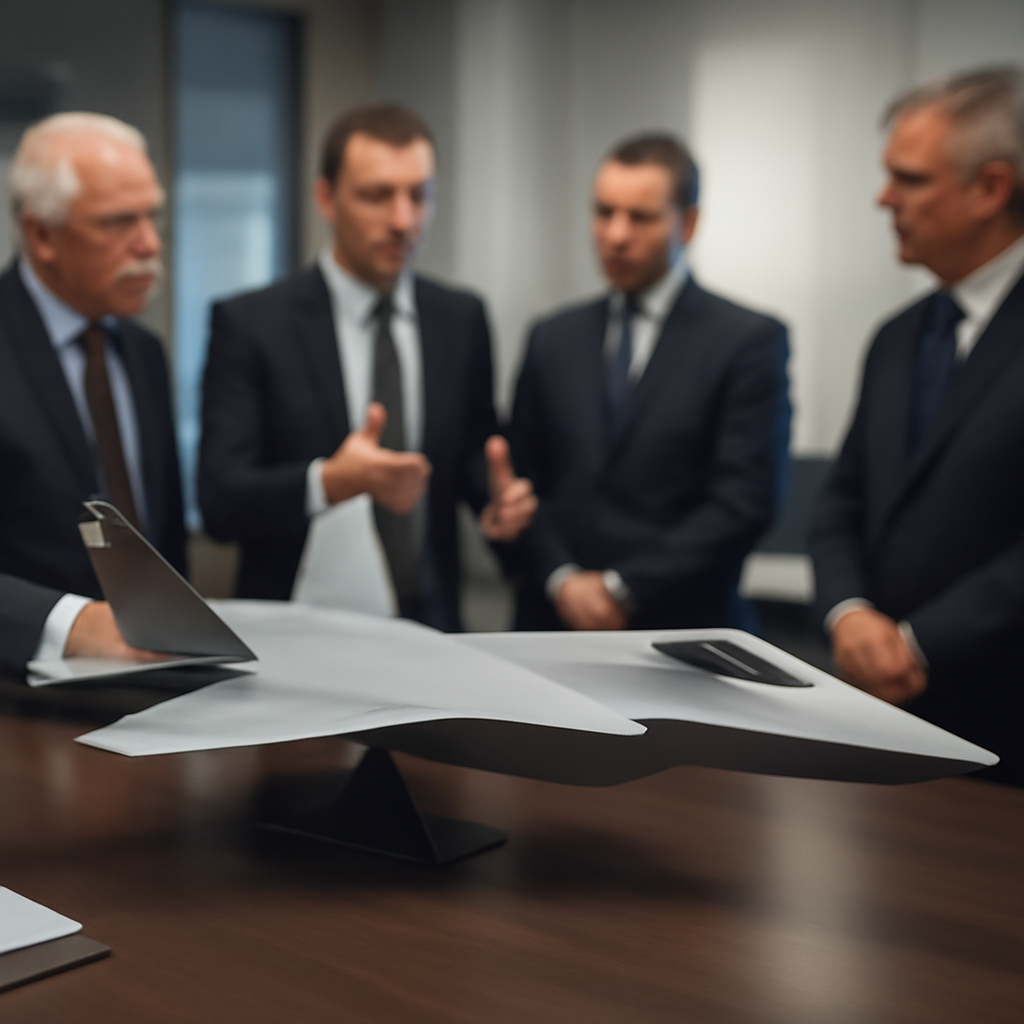 Suited officials discuss advanced aircraft on runway with cityscape background.