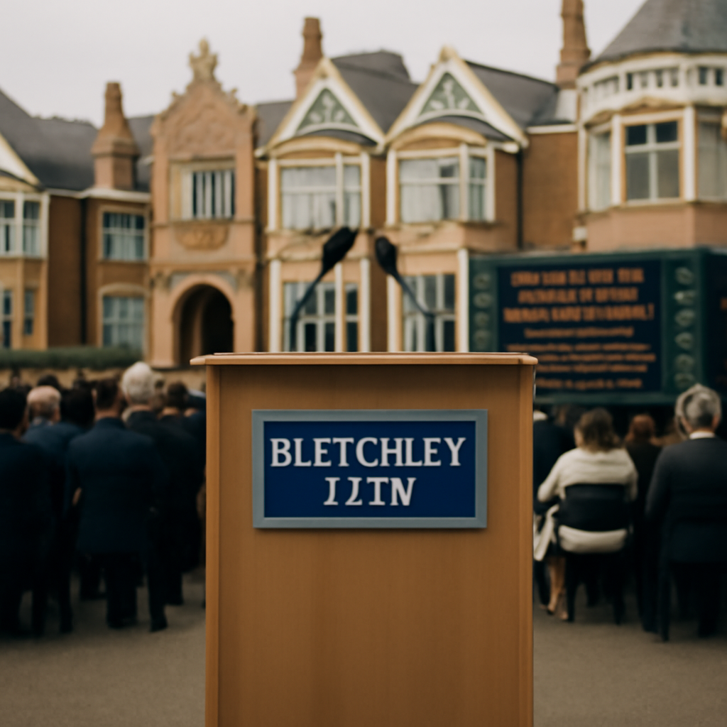 Podium stands at center of Bletchley Park gathering, with blurred audience and subtle tech hints in background.