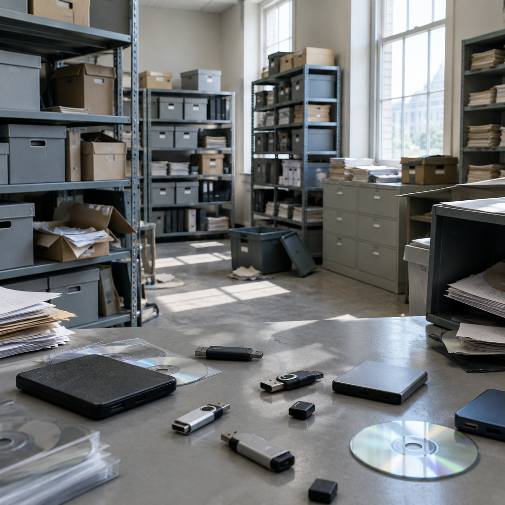 Rows of shelving units and storage containers with items spilling out, under bright daylight streaming through tall windows.