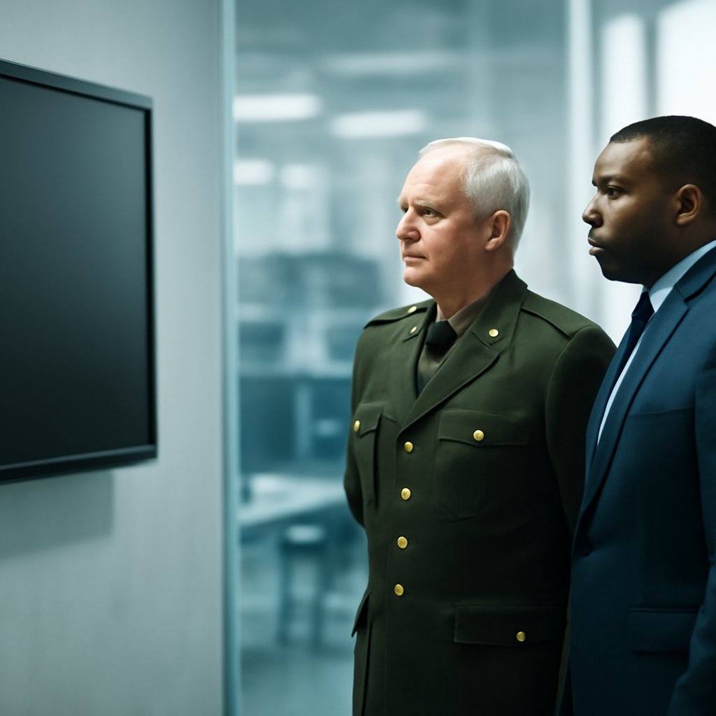 Senior officials examine a futuristic server rack in a modern, secure network operations center.