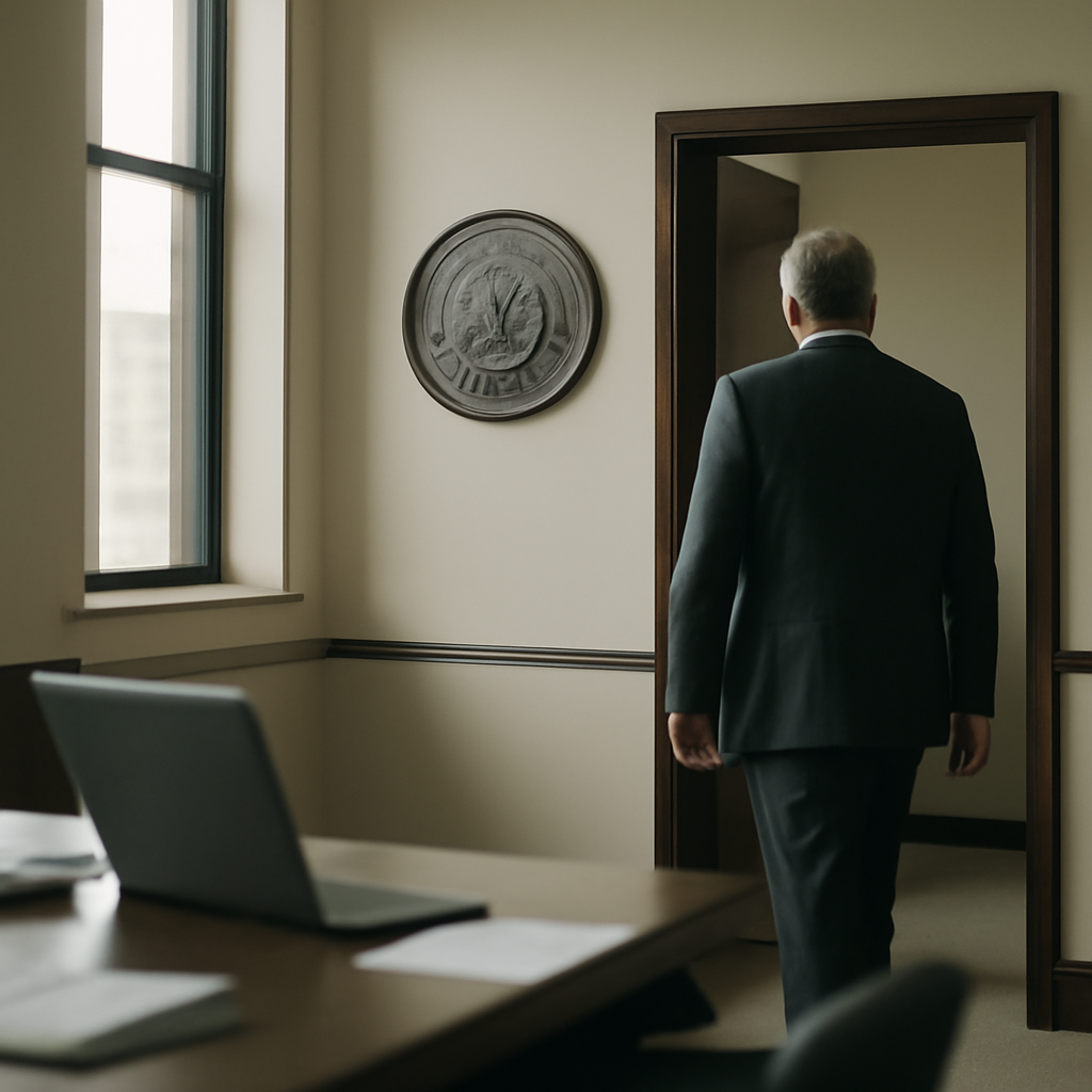 Middle-aged person exits corporate office space with company logo in background.