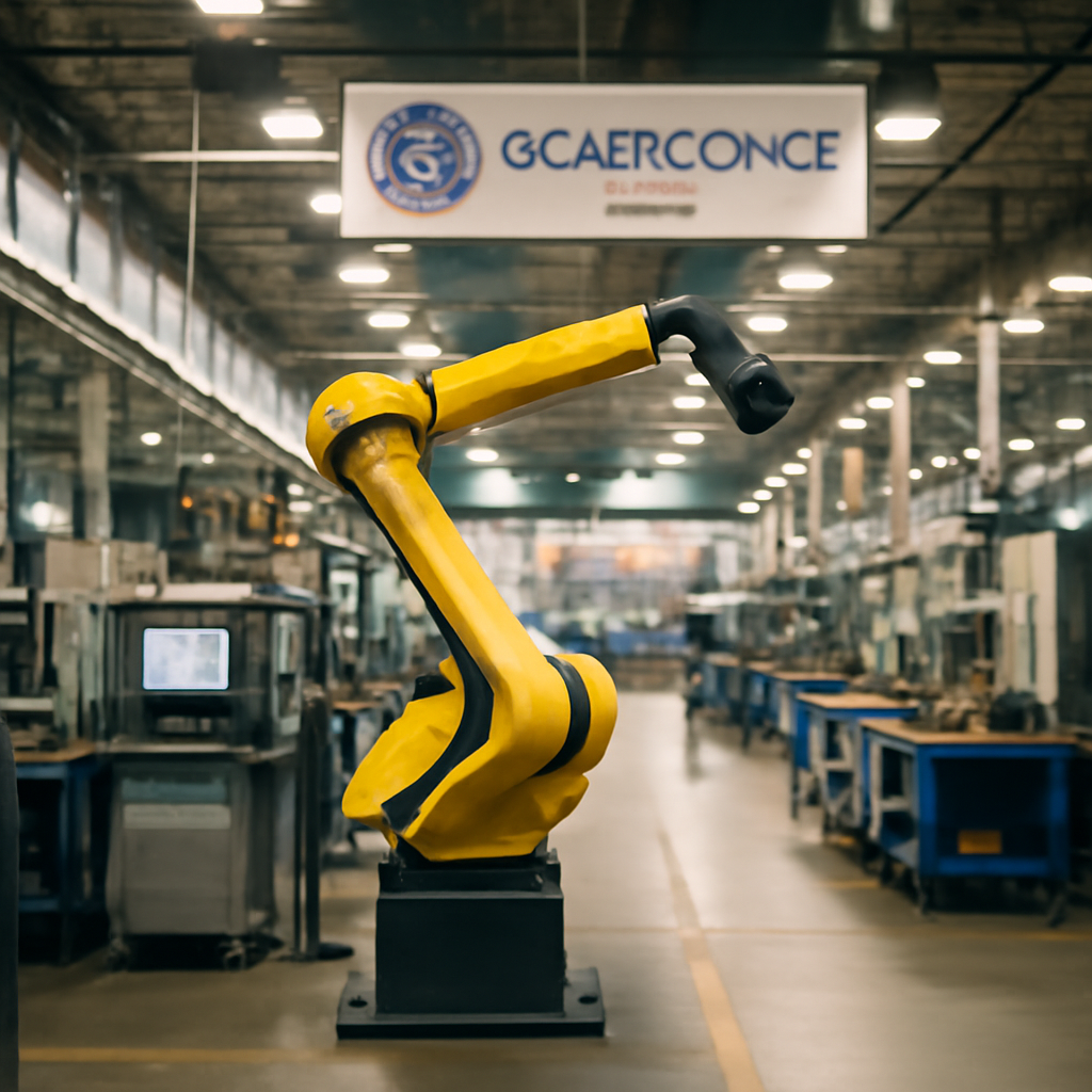 GE Aerospace factory interior with a large yellow industrial robot and rows of workstations and machinery.