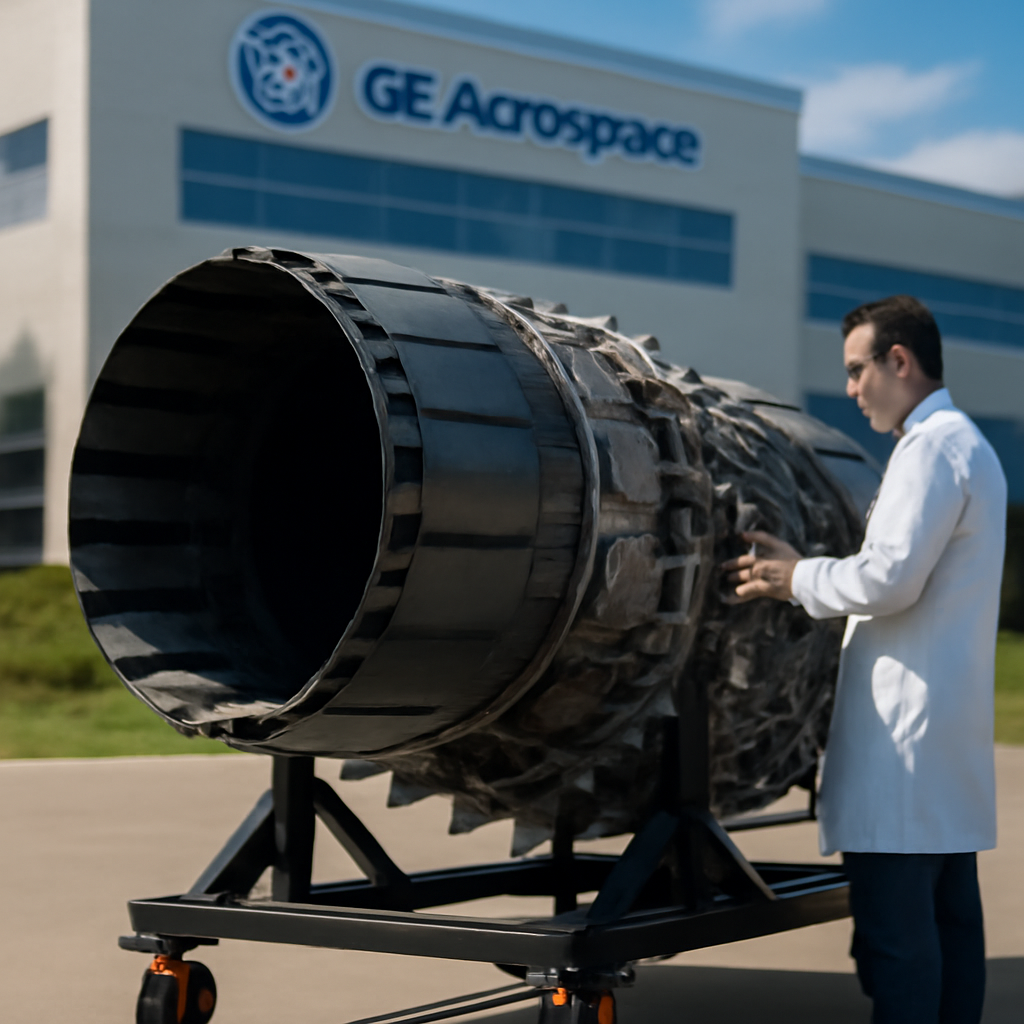 Partially assembled fighter jet engine with axisymmetric vectoring exhaust nozzle in foreground of aerospace facility.