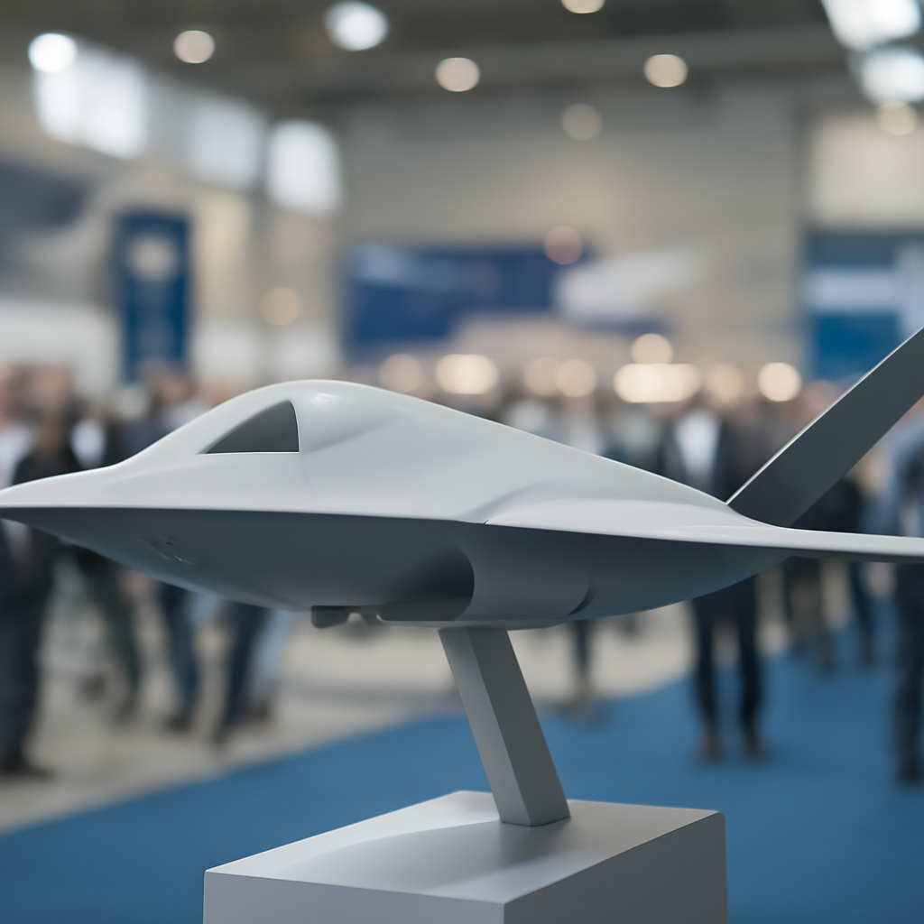 Sleek futuristic drone on display at airshow with blurred crowd in background.