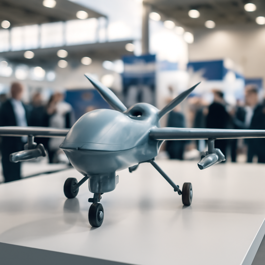 A drone is displayed on a table at a defense exhibition with a blurred background of attendees.