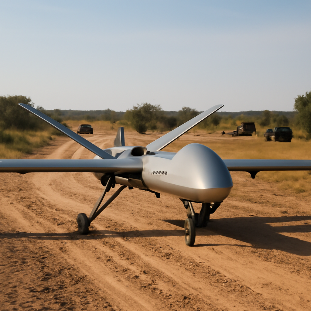 Mojave drone on unpaved trail at rural military field, showcasing short take-off and landing capabilities.