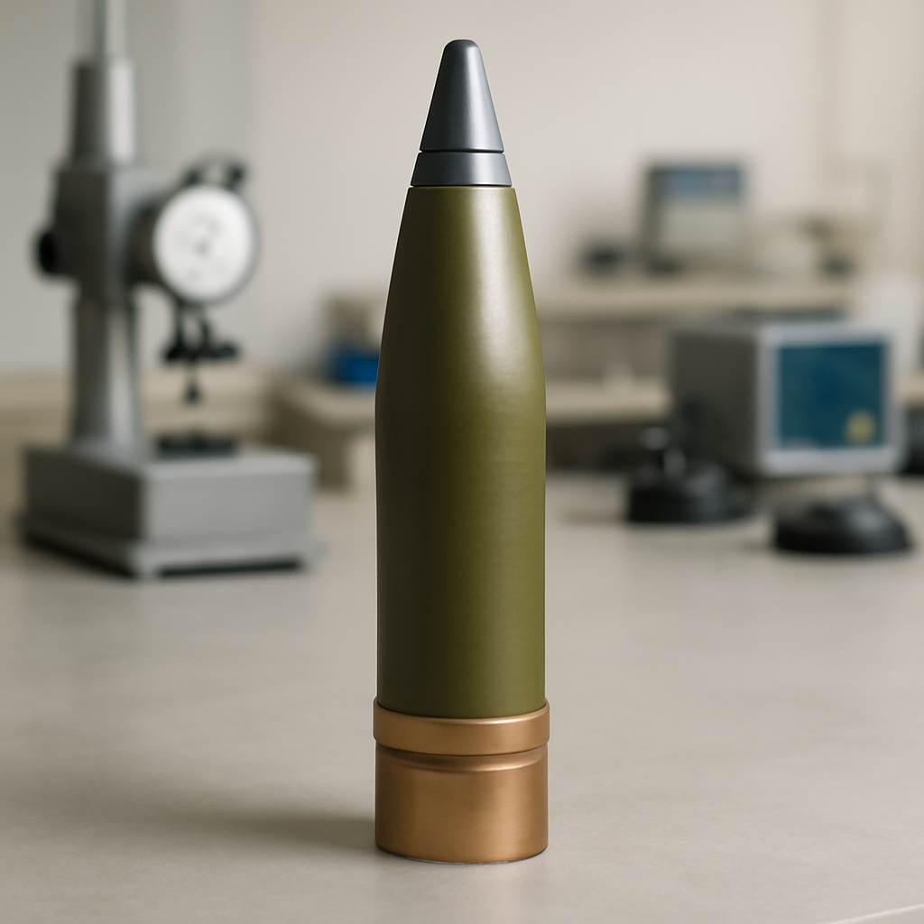 Artillery projectile on industrial workbench with production equipment.