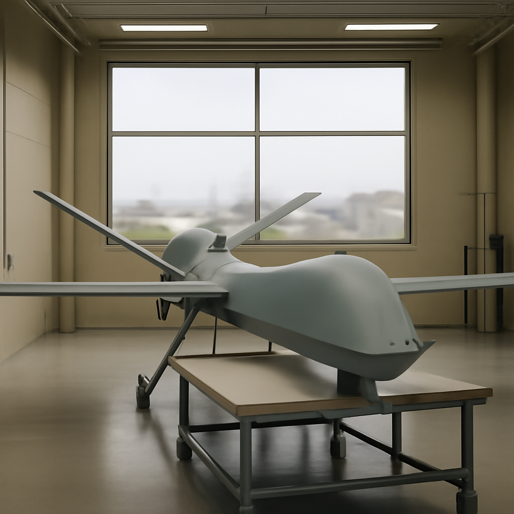 Interior of General Atomics facility with workbench and aircraft component near large window.