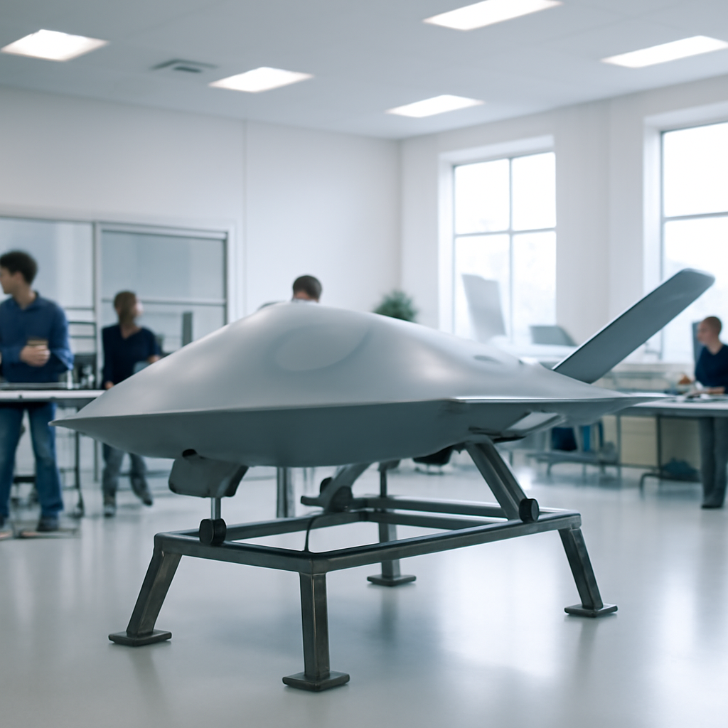 Futuristic drone displayed on a test stand at a research facility surrounded by engineers.