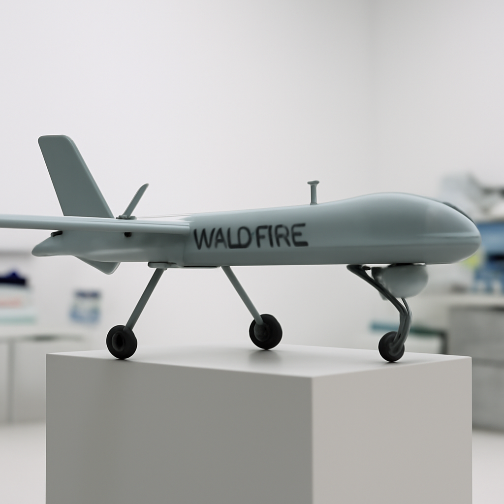 Full-scale model of the Wildfire unmanned aircraft on a display stand.