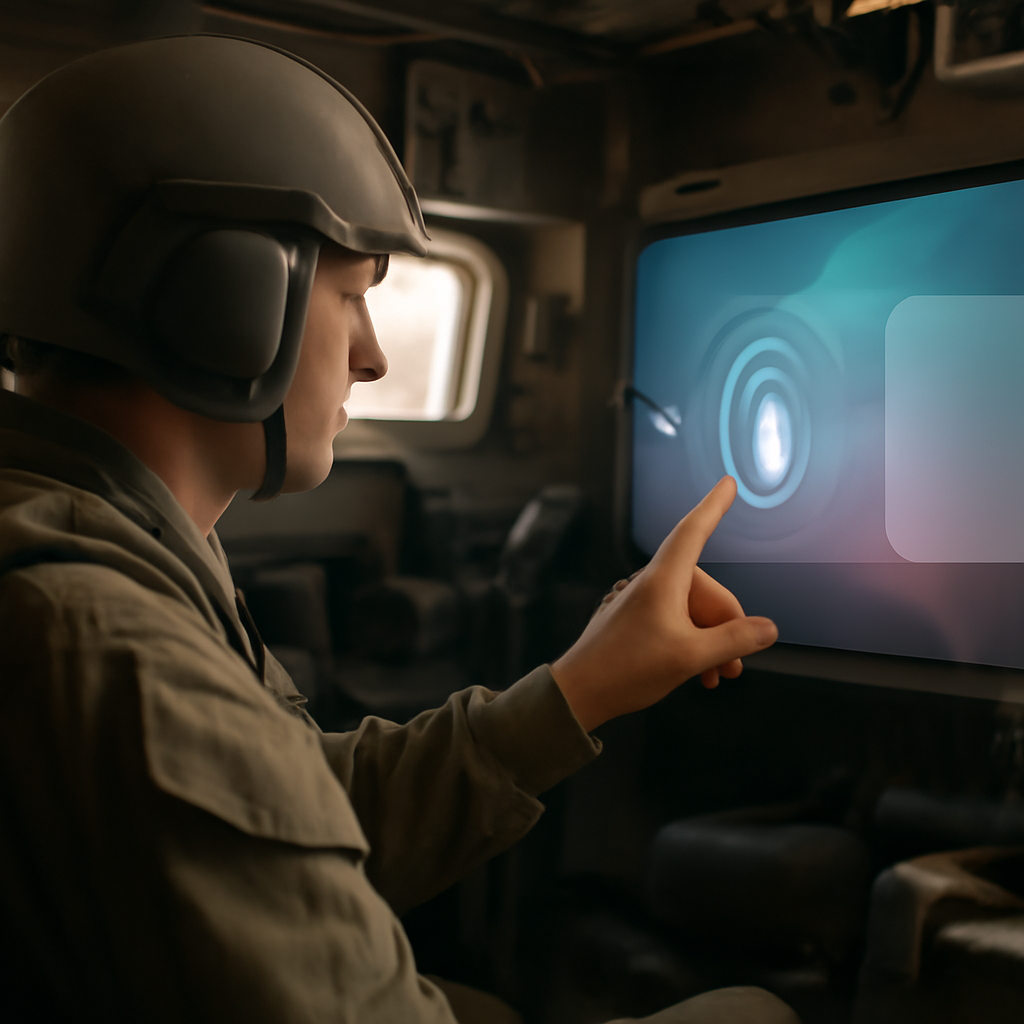 Crew member interacts with futuristic voice-controlled AI system in combat vehicle interior.