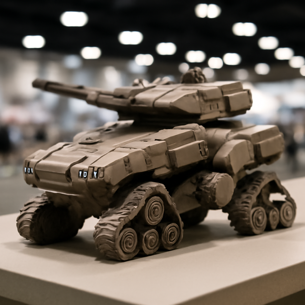 Scale model of futuristic armored vehicle on display in exhibition hall.