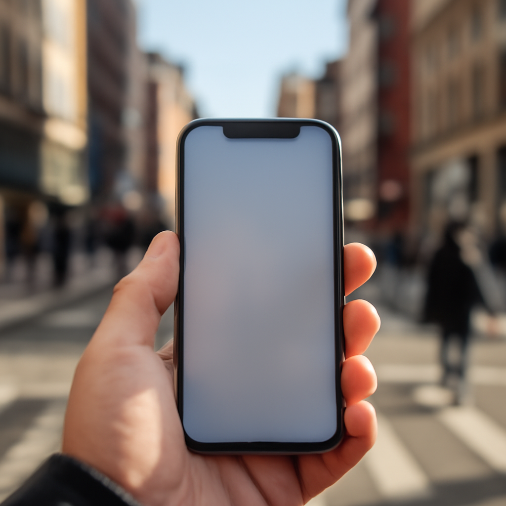 Person holding smartphone with blurred screen, surrounded by cityscape.
