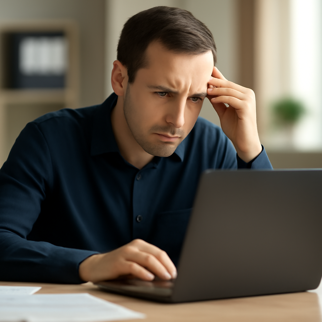 Person sitting at desk, scrutinizing laptop screen with concern.