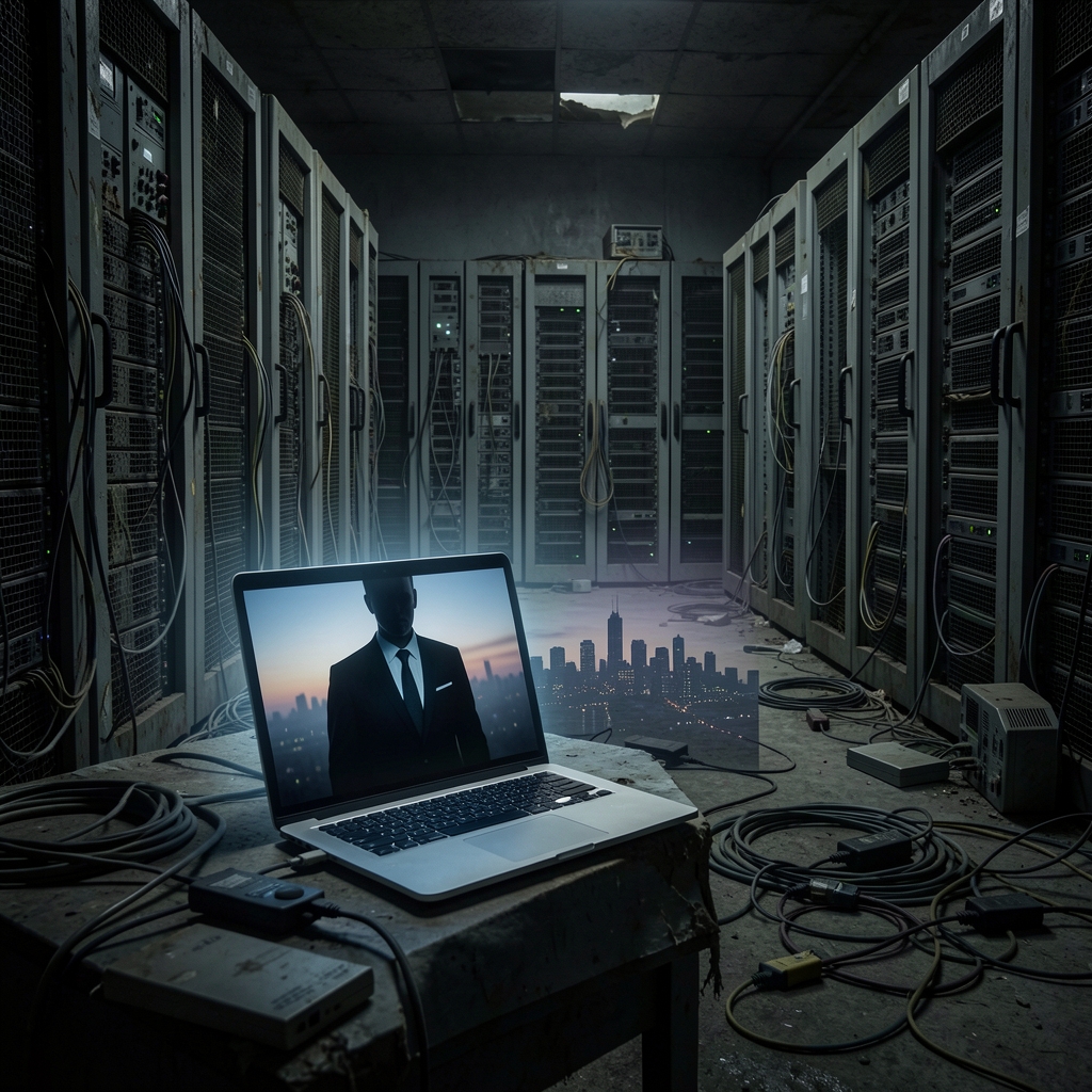 Dimly lit server room with eerie laptop screen glow showing shadowy suited figure.