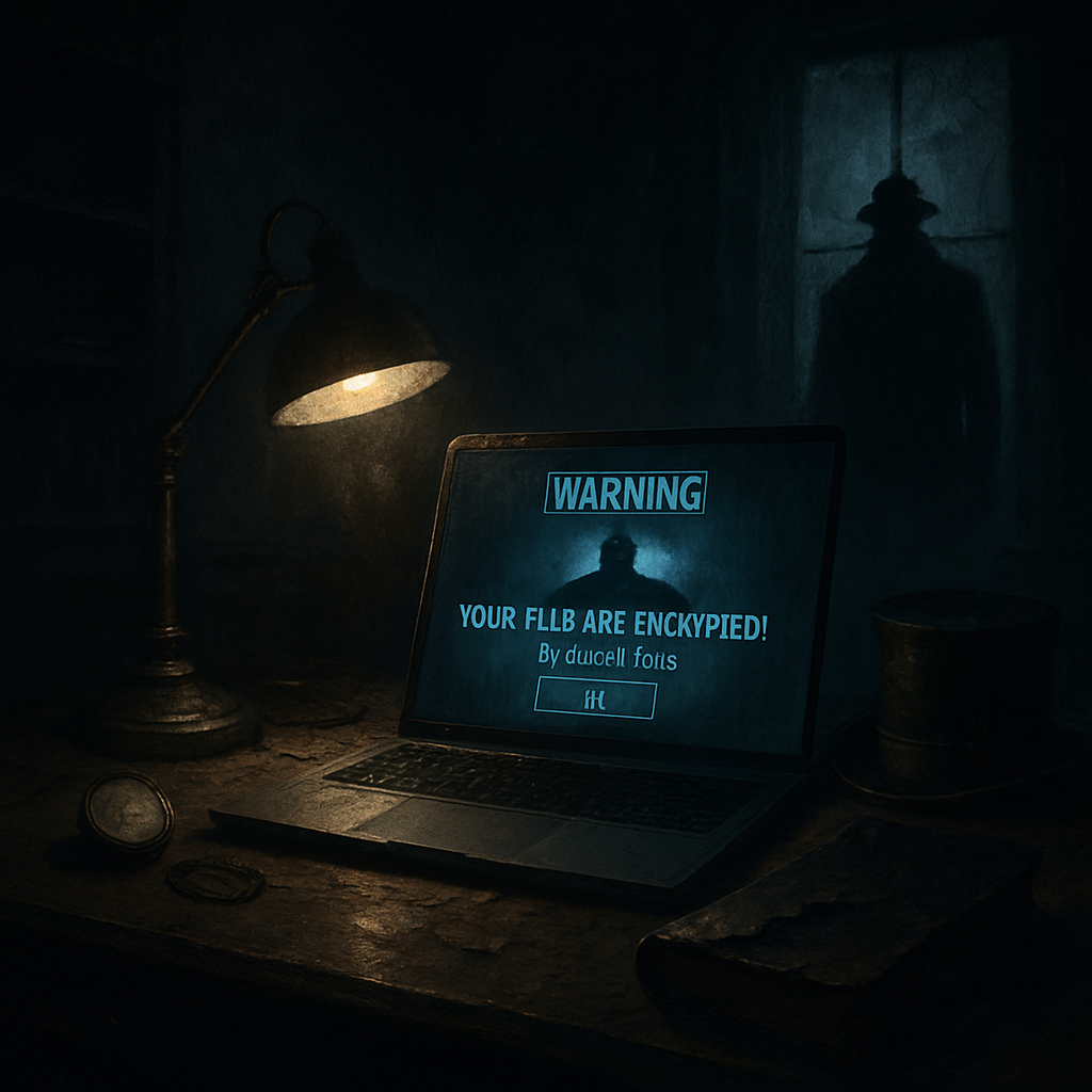 Abandoned study with laptop displaying ransomware warning, eerie blue glow, and ghostly suit-clad figure in background.