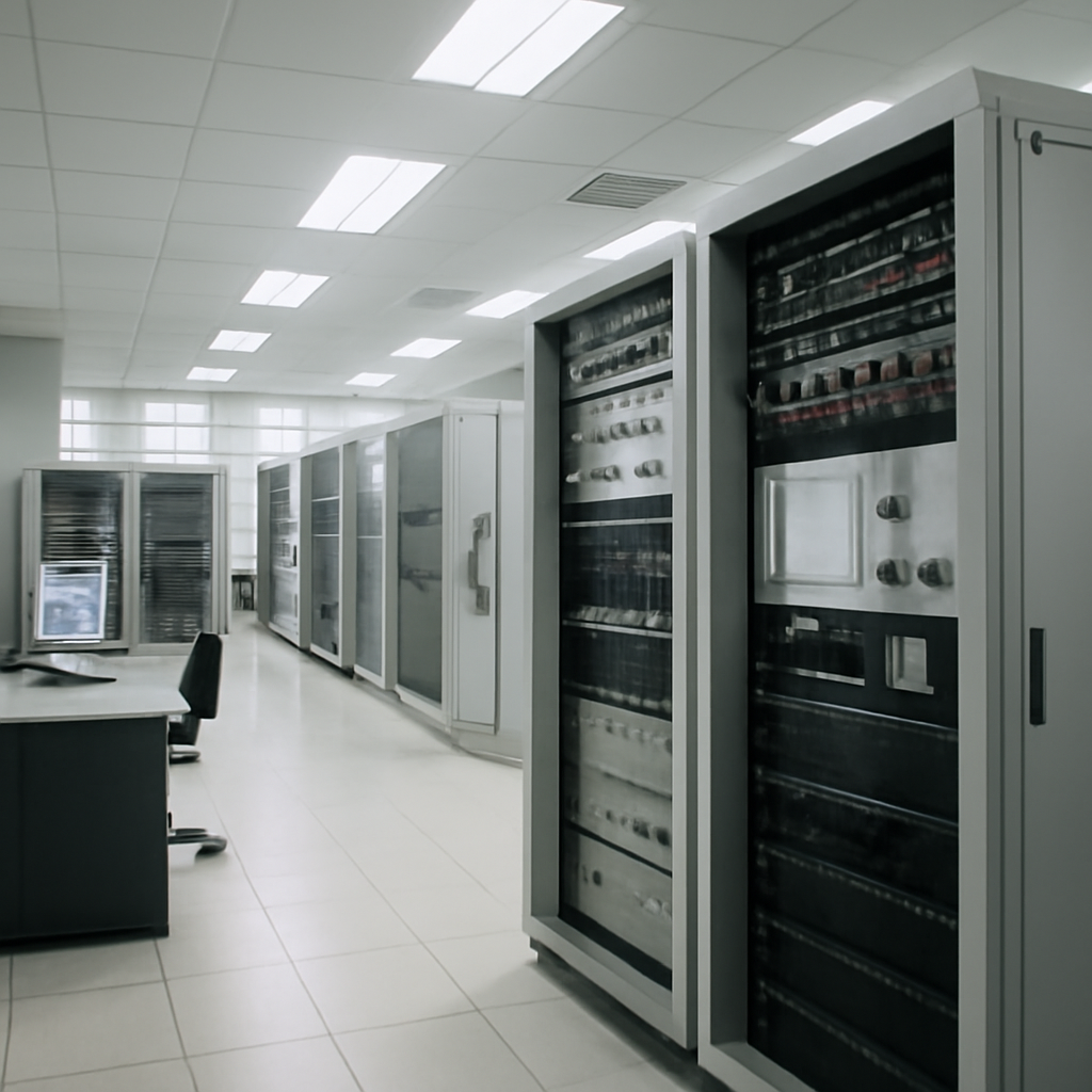 Rows of computer servers and equipment in a brightly-lit, modern technology facility.