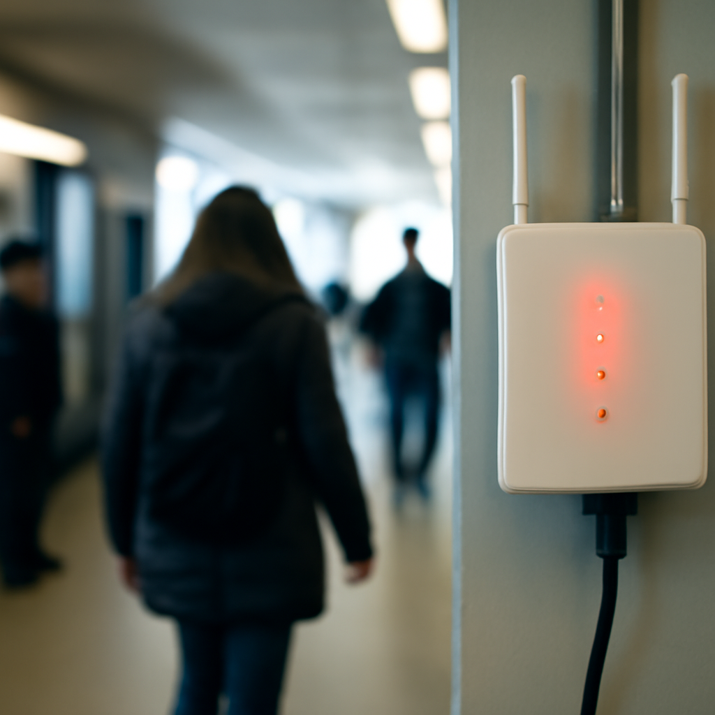 Disrupted city transit platform with security router amid anxious bystanders.