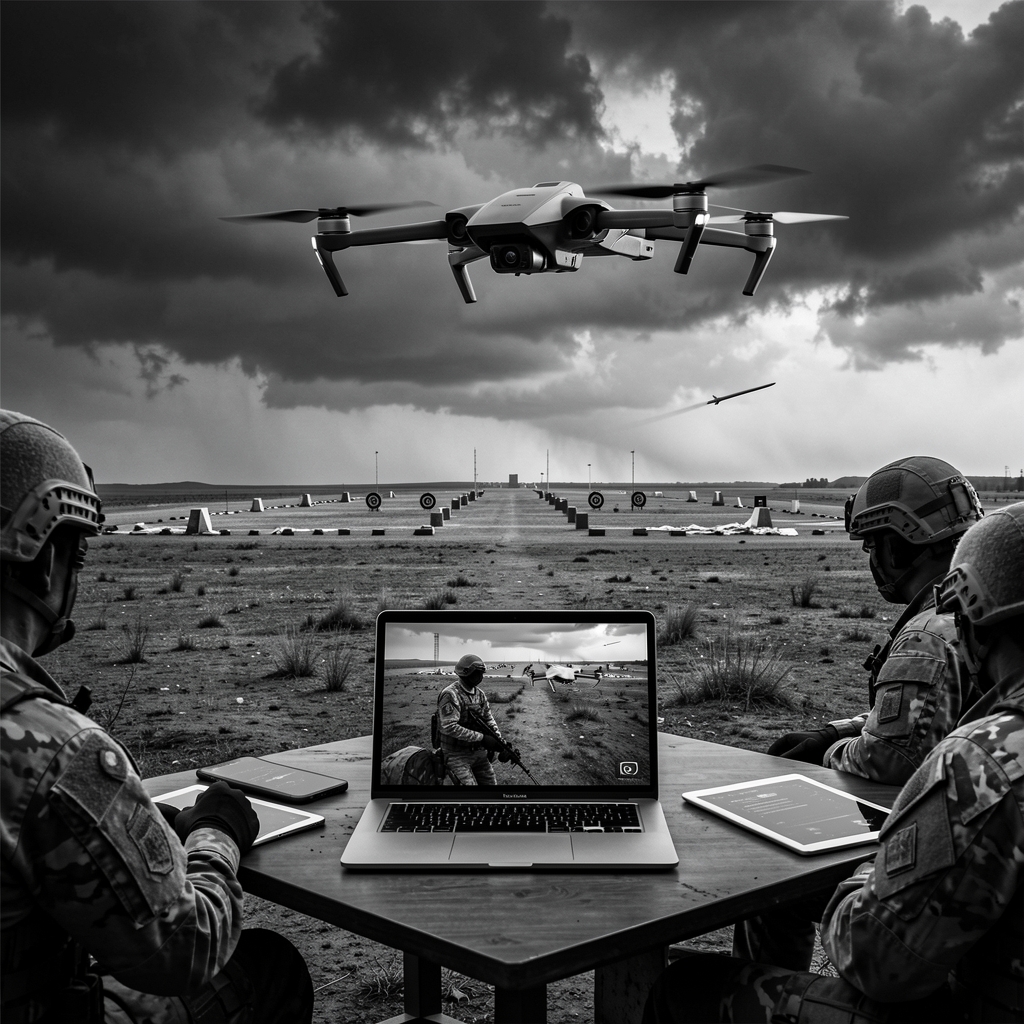 Futuristic drone hovers over devices displaying live feed at a sprawling test range.