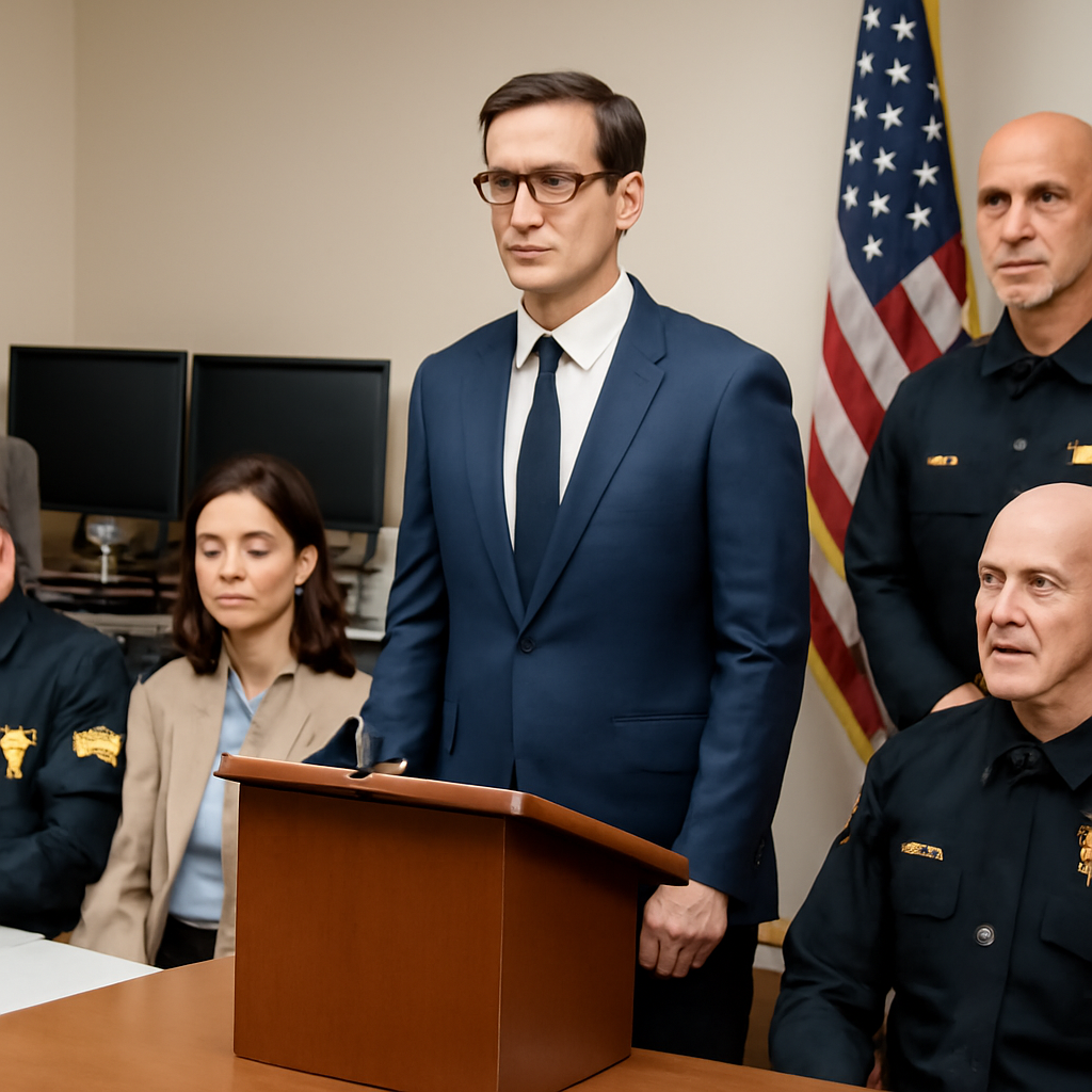 Law enforcement officials gather around a podium in a brightly-lit briefing room with computer screens and papers.