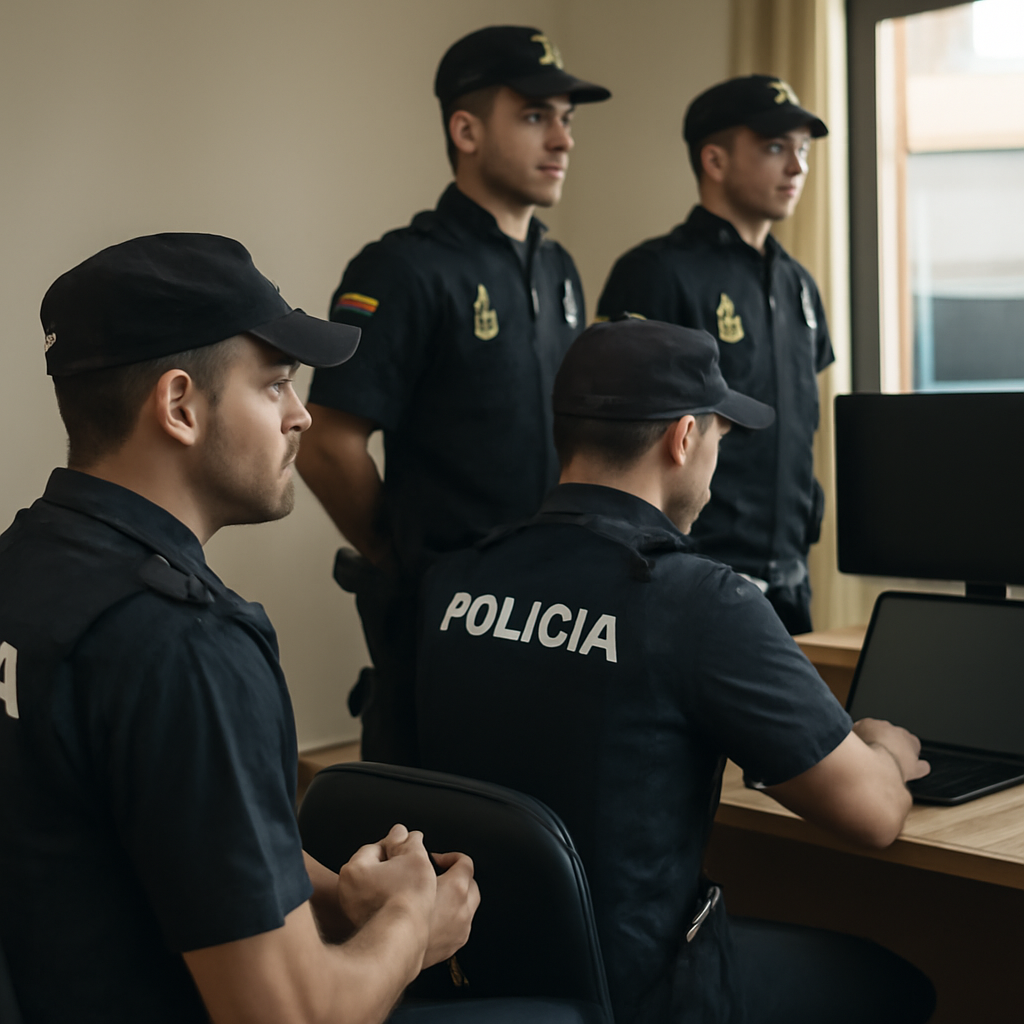 Spanish National Police officers in formal attire stand in a official setting.