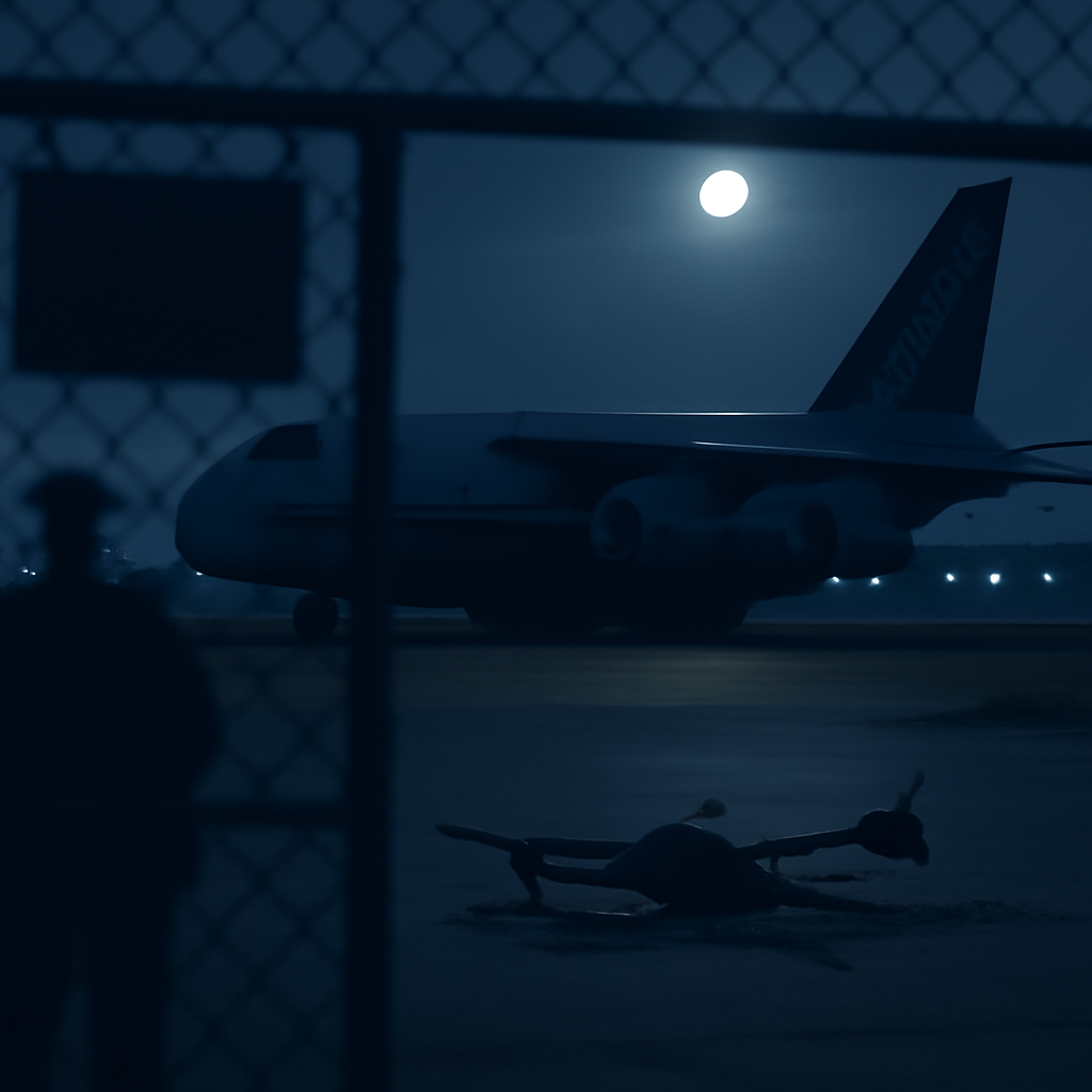 Secure airport area at night with cargo aircraft and perimeter fence in view.