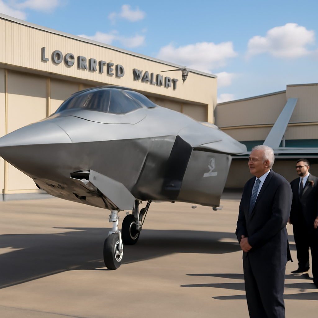 F-35A jet on display at Lockheed Martin facility with German and US officials in background.