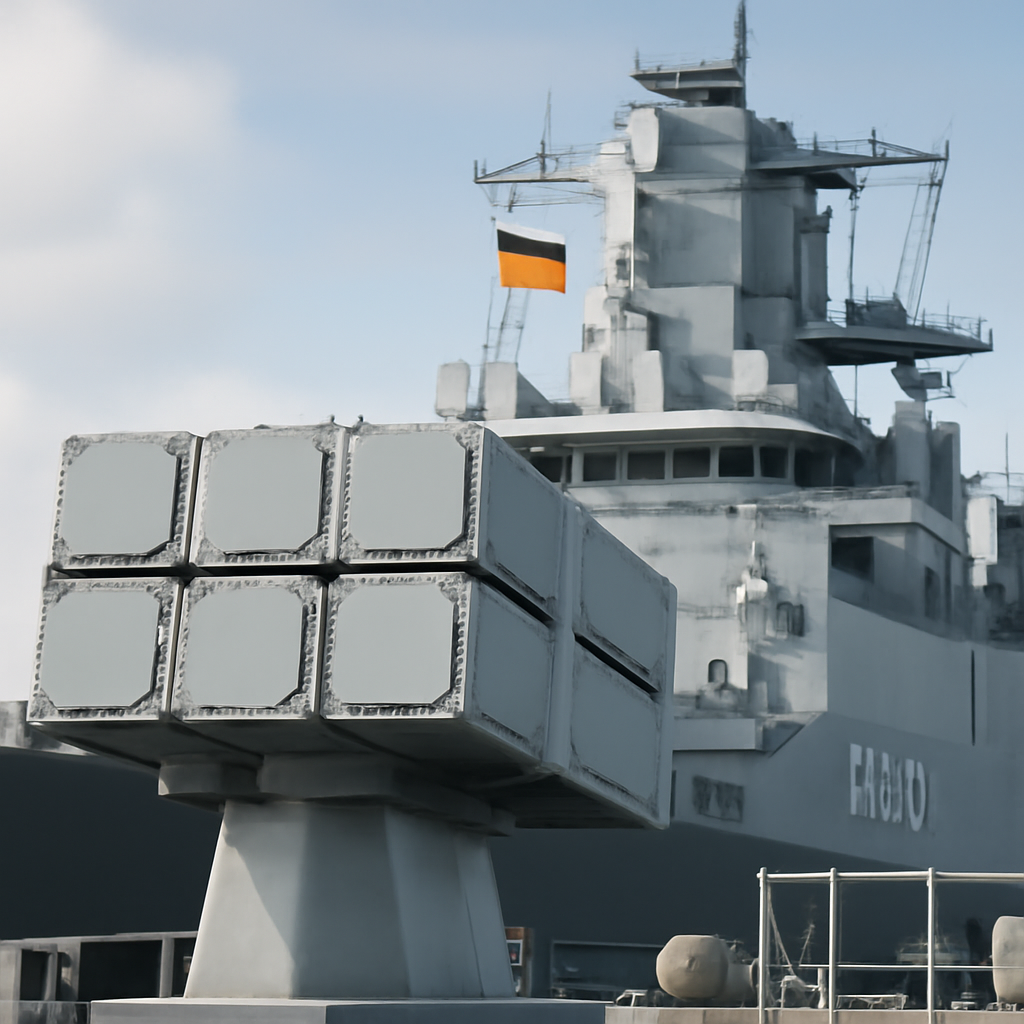 German frigate with surface-to-air missile launcher on deck.