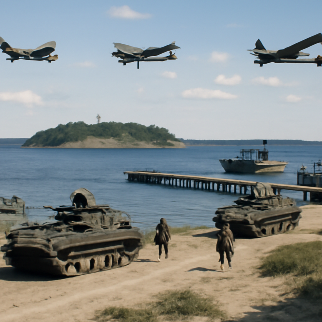 Military vehicles and personnel on a beach with a dock and ships in the calm Baltic water.