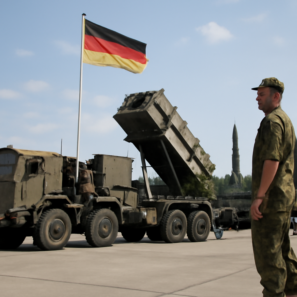 German military base with vehicles and subtle hint of missile in background.
