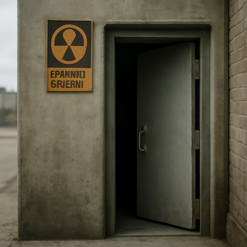 A slightly ajar nuclear fallout shelter door reveals a dimly lit interior.