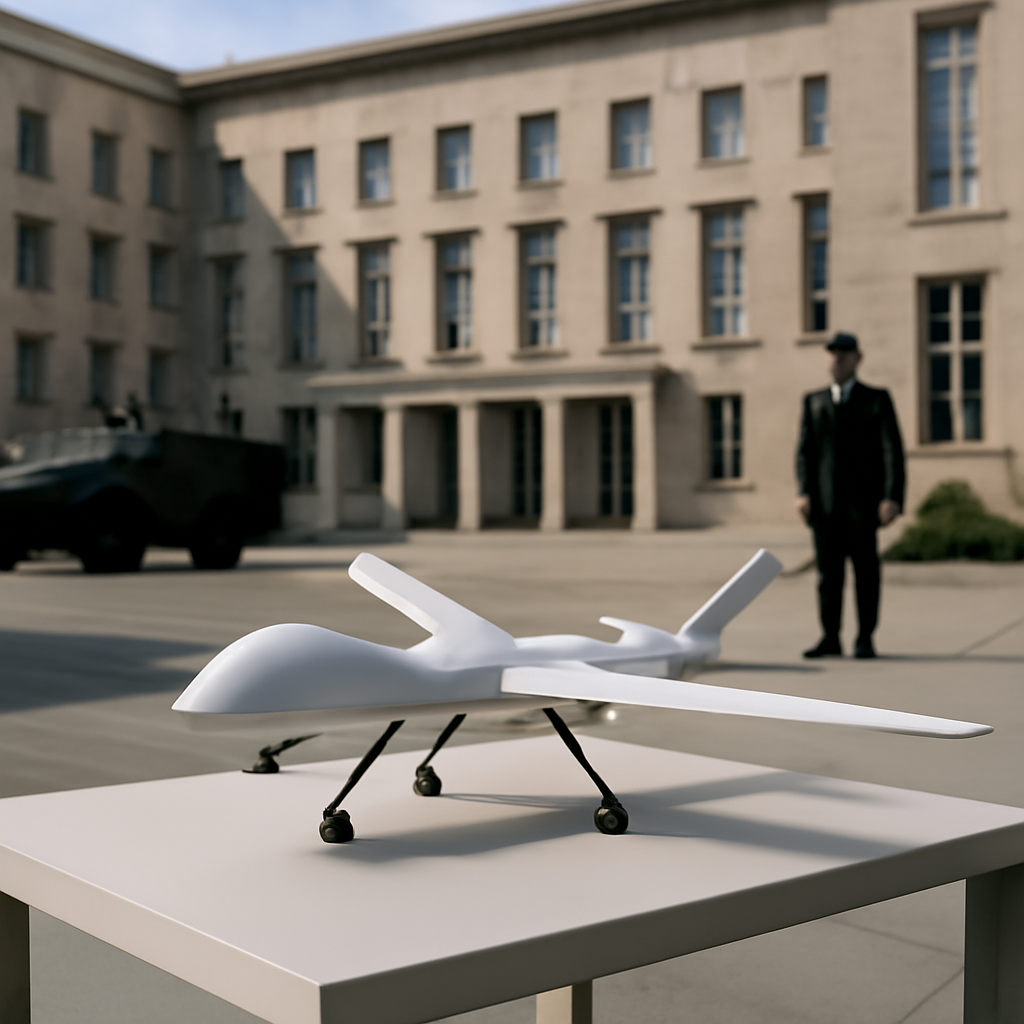 German Ministry of Defense building with military context and abstract drone representation.