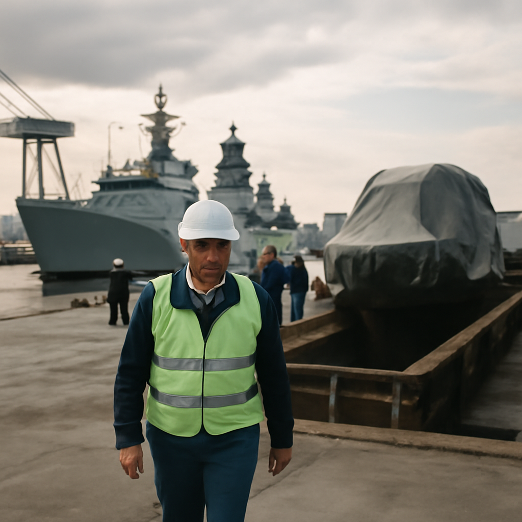Naval shipyard with MEKO vessels in background and abandoned dock in foreground.